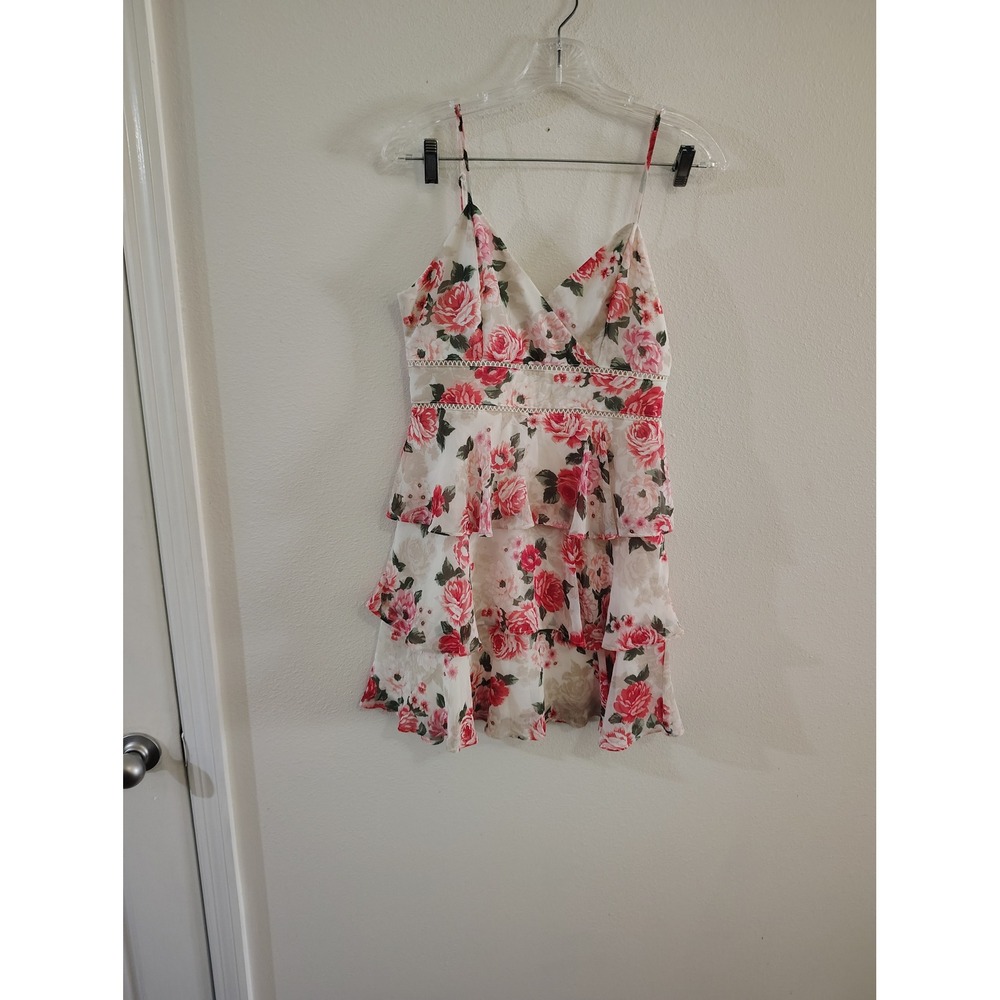 Mi Ami Floral Tiered Ruffle Mini Dress Pink Rose Lace Trim V-Neck Medium